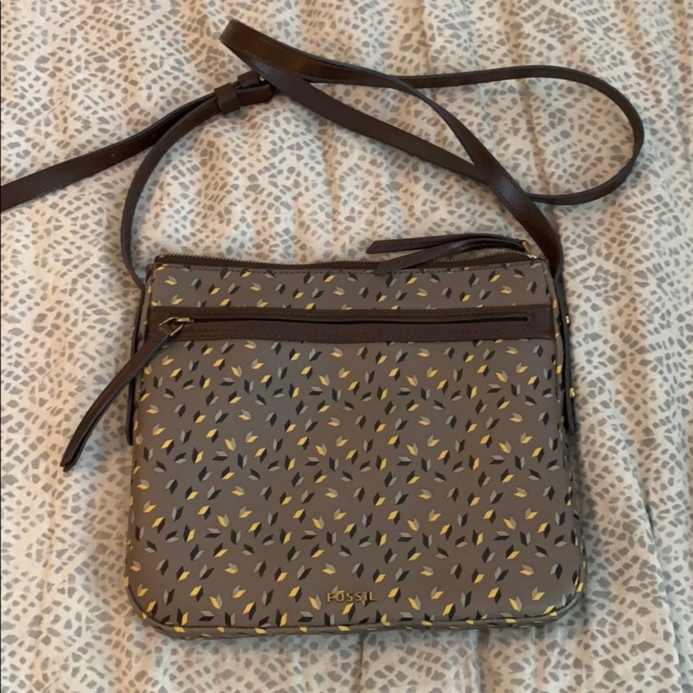 Fossil gray leather arrow crossbody